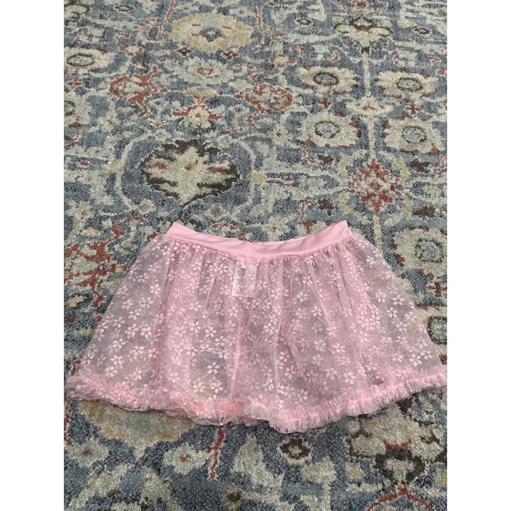 Capezio Dance Skirt Girls Large Pink Glitter Floral Ruffle Ballet EUC